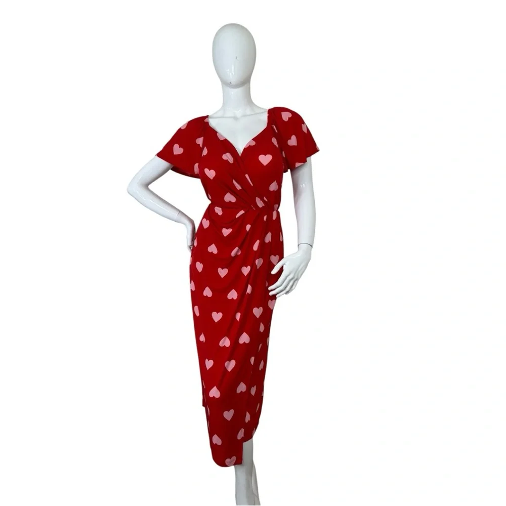 LANE BRYANT WOMEN'S RED PINK HEART FLUTTER SLEEVE FAUX-WRAP MAXI MID DRESS PLUS - Picture 3 of 12